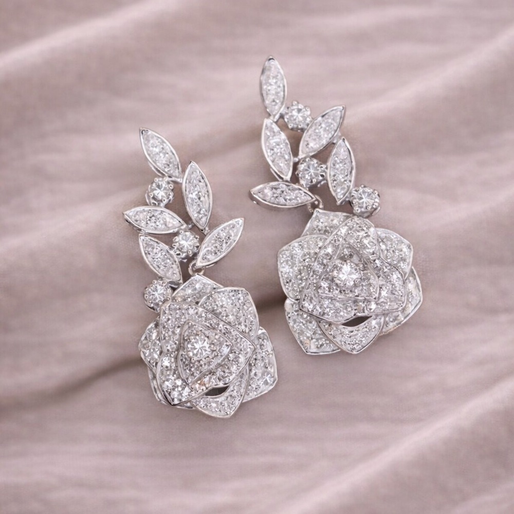 Rose Silver Crystal Diamond Earrings – Floral Statement Jewelry